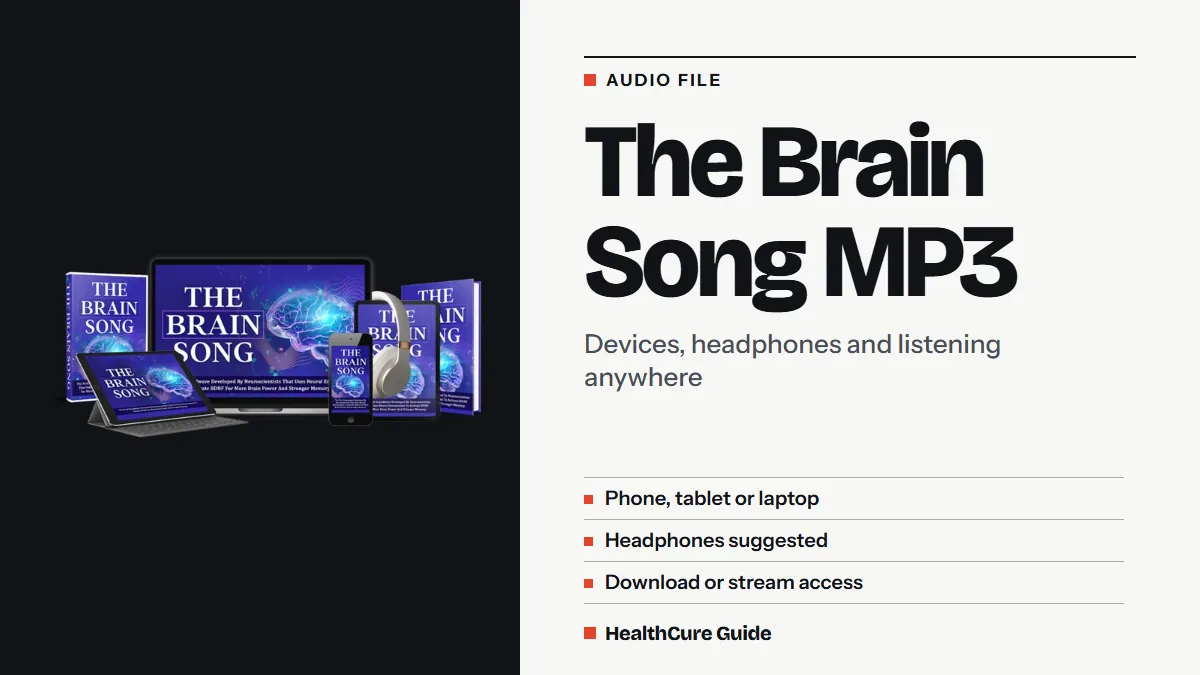 The Brain Song MP3 headline on a light panel with device mockups of the audio and three listening points