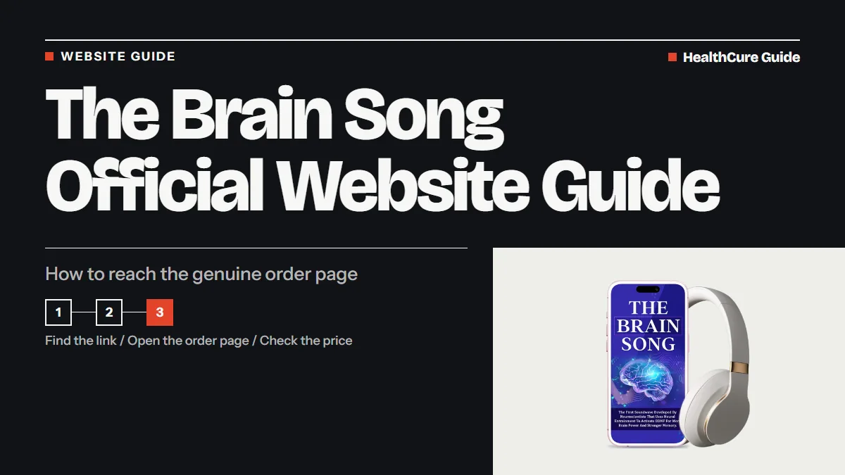 The Brain Song official website guide headline on a dark panel with a three-step list and a phone beside headphones