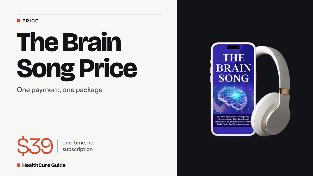 The Brain Song price headline with a coral $39 one-time, no subscription figure, with a phone and headphones on a dark panel