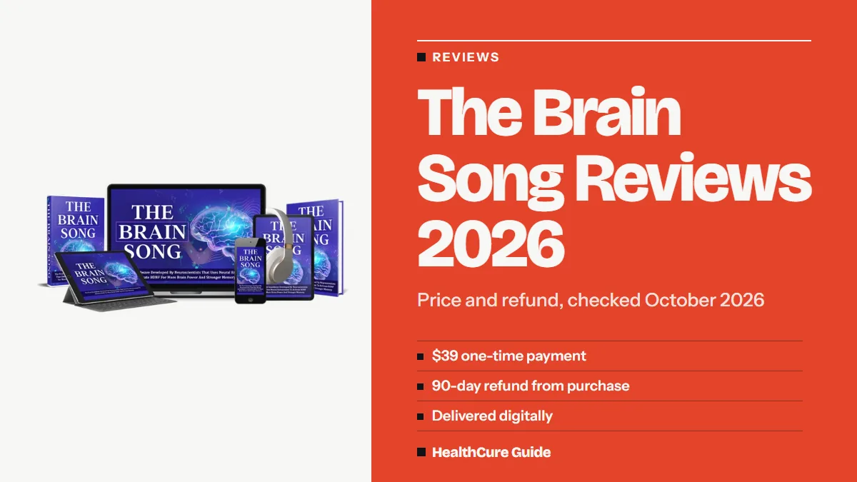 The Brain Song reviews 2026 headline on coral with $39, 90-day refund and digital delivery points beside device mockups