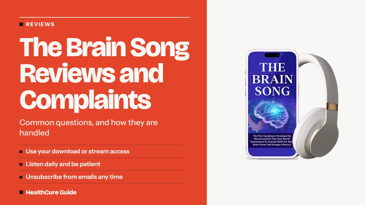 The Brain Song reviews and complaints headline listing three tips next to a phone and headphones with the product art