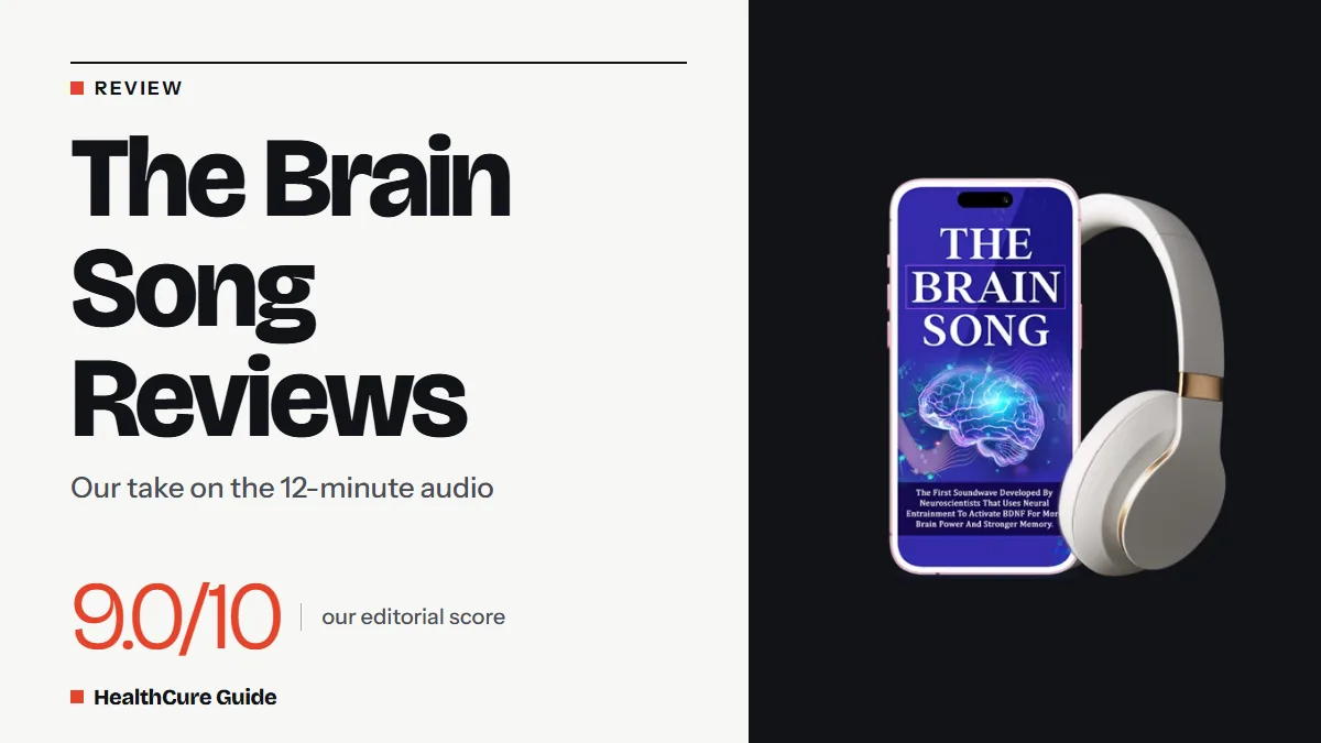 The Brain Song reviews headline with a 9.0/10 editorial score beside a phone and headphones showing the audio cover