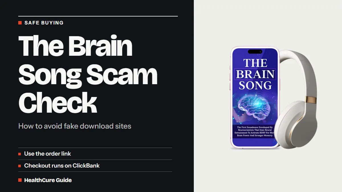 The Brain Song scam check headline with two safe-buying tips beside a phone and white headphones on a pale panel