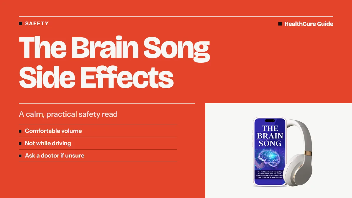 The Brain Song side effects headline on a coral panel with three safety reminders and a phone resting against headphones