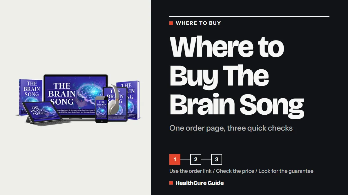Where to buy The Brain Song headline with three quick checks on a dark panel, beside laptop, tablet and phone mockups