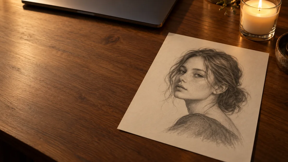Tina Aldea Soulmate Sketch psychic: a printed pencil-style portrait of a fictional woman on a wooden desk