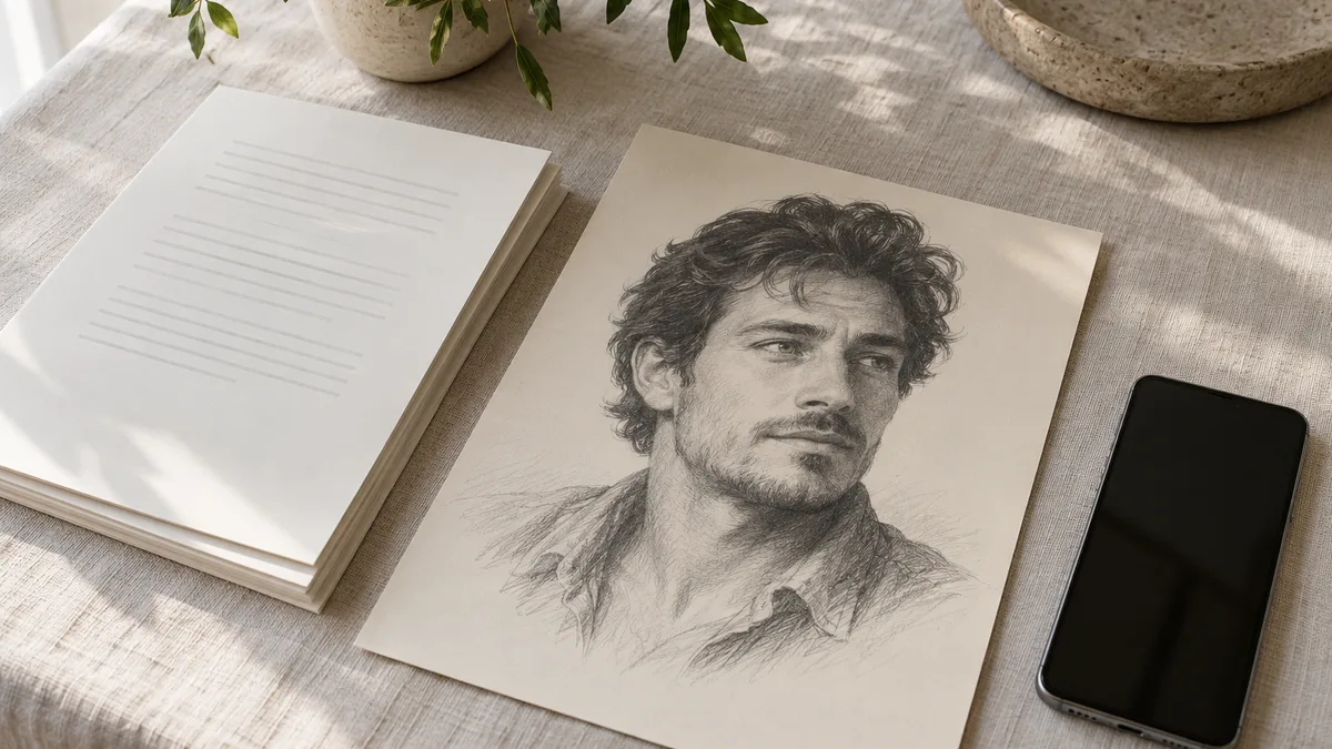 Tina Aldea Soulmate Sketch sketch: a printed pencil-style portrait of a fictional man on a linen tablecloth