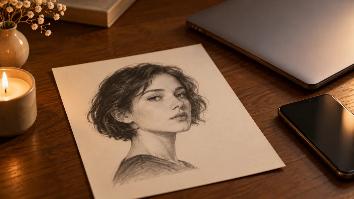 Tina Aldea reviews: a printed pencil-style portrait of a fictional woman on a wooden desk beside a closed laptop, a phone and a lit candle