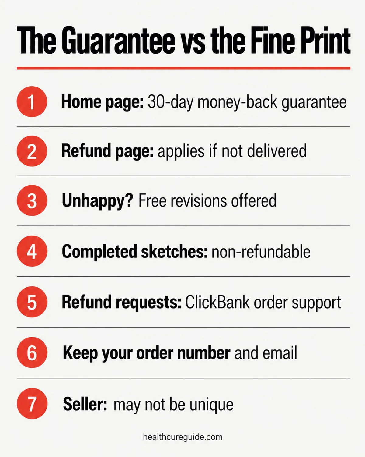 Tina Aldea reviews infographic: the advertised guarantee compared with the refund page fine print