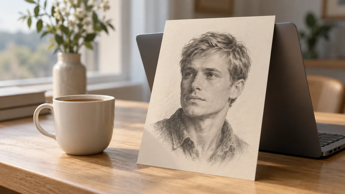 Tina Aldea soulmate sketch: a printed pencil-style portrait of a fictional man propped against a laptop beside a mug of tea