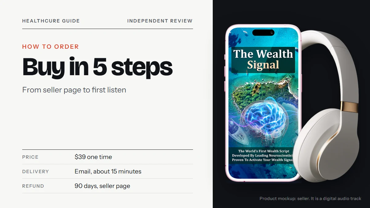 Buy The Wealth Signal: the seller's product mockup showing a phone with The Wealth Signal cover and headphones