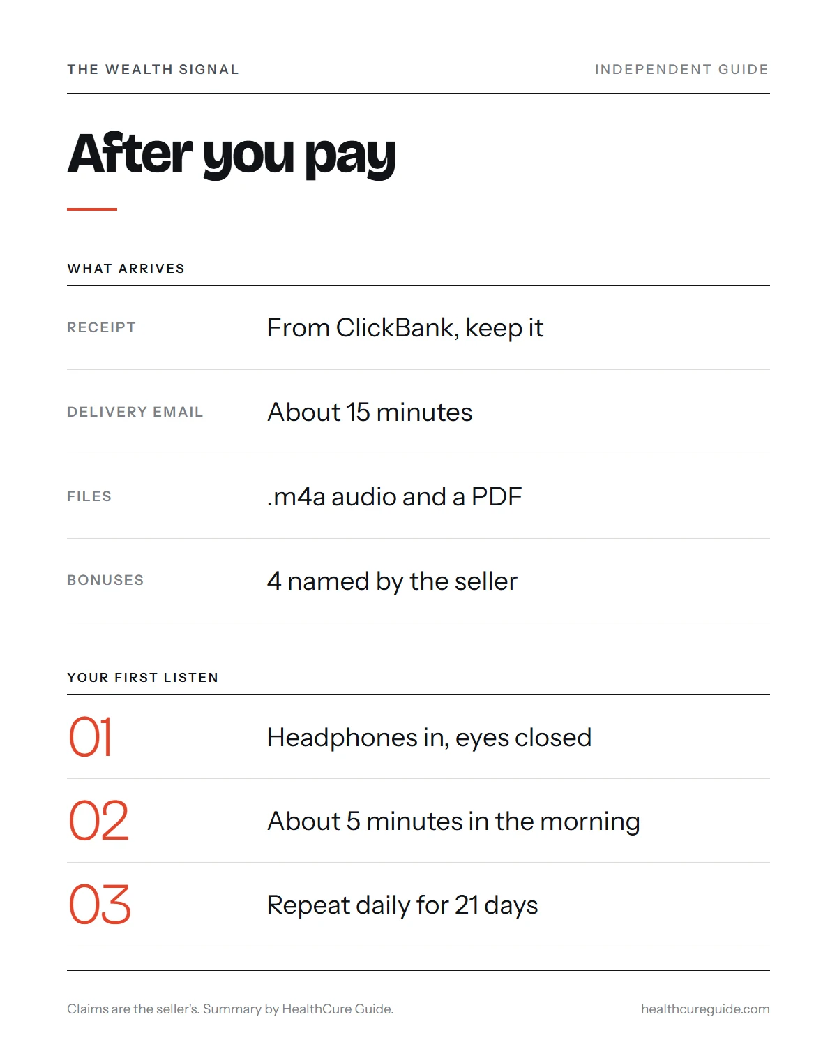 Buy The Wealth Signal infographic: what arrives after payment and how to start your first listen