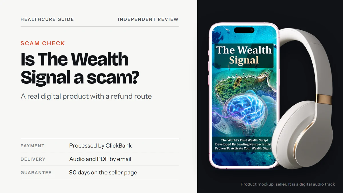 Is The Wealth Signal a scam: the seller's product mockup showing a phone with The Wealth Signal cover