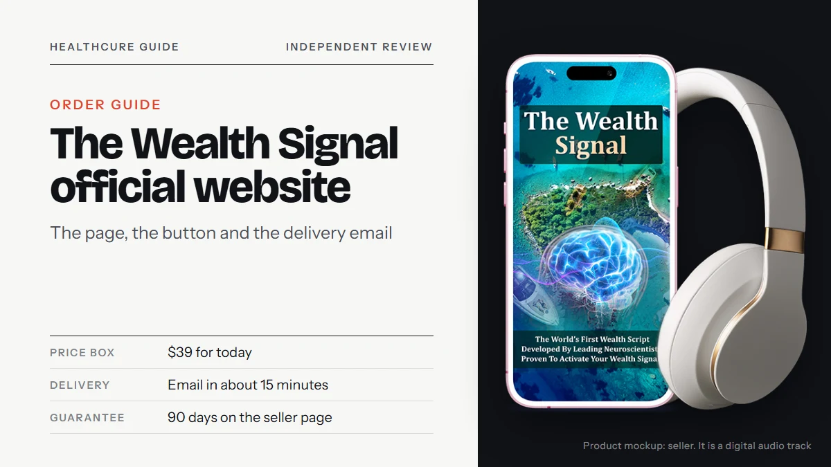The Wealth Signal official website: the seller's product mockup showing a phone with The Wealth Signal cover
