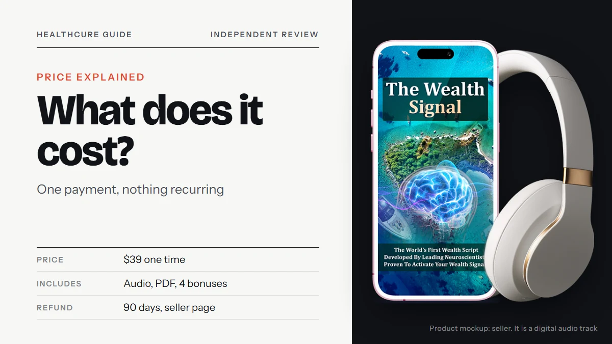 The Wealth Signal price: the seller's product mockup showing a phone with The Wealth Signal cover and headphones