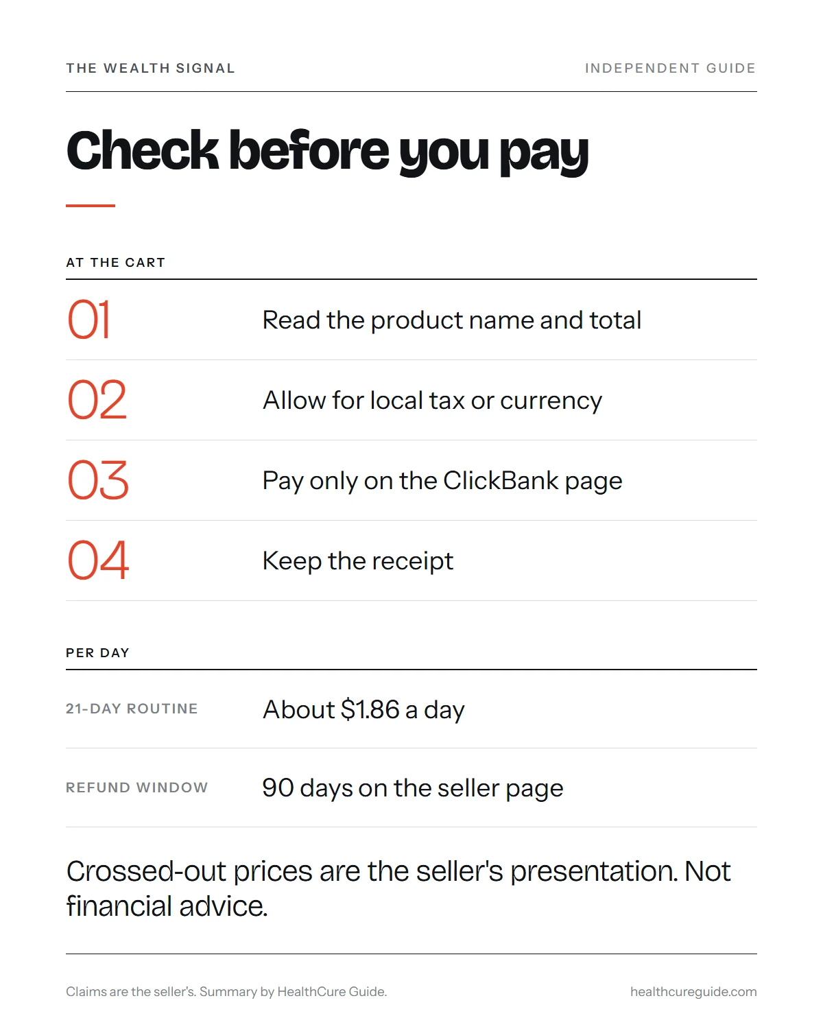 The Wealth Signal price infographic: tax and currency checks, the cost per day and the refund steps