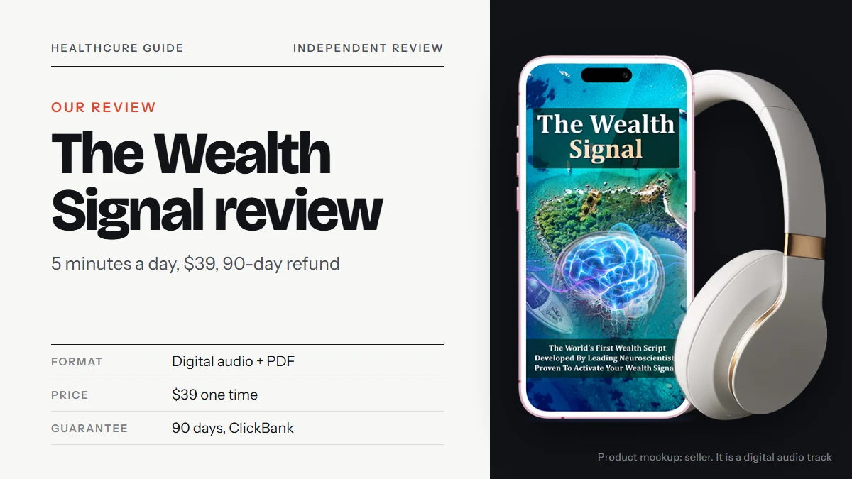 The Wealth Signal review: the seller's product mockup showing a phone with The Wealth Signal cover