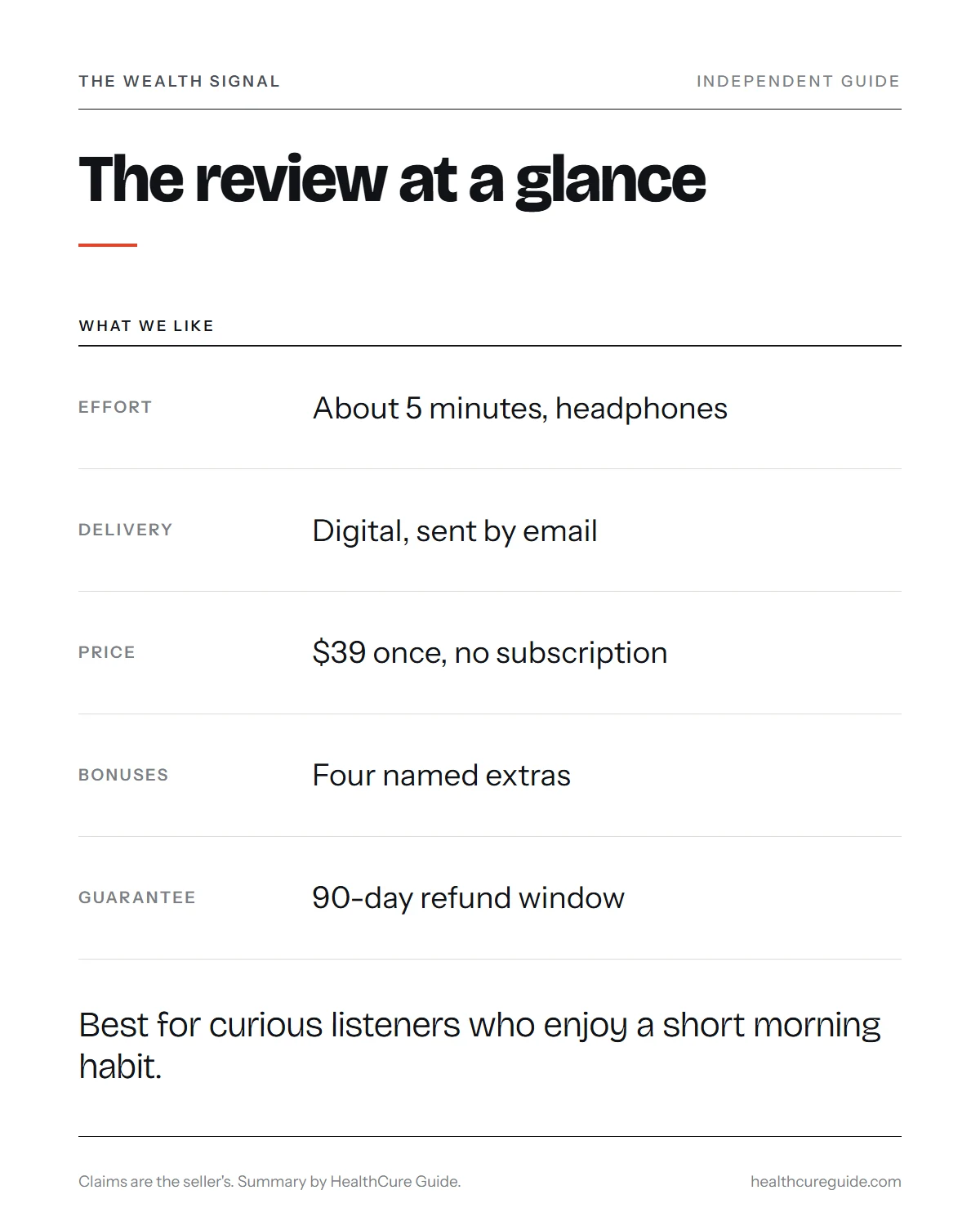 The Wealth Signal review infographic: strengths, what you get for $39 and who the audio suits best